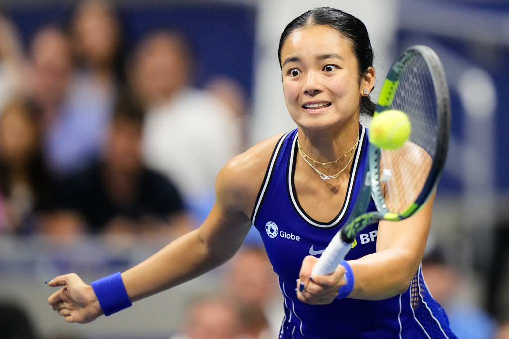 Alexandra Eala, of the Philippines, hits a return to Iva Jovic, of the United States, during the third round of the U.S. Open tennis championships, Saturday, Sept. 5, 2026, in New York. (AP Photo/Frank Franklin II)