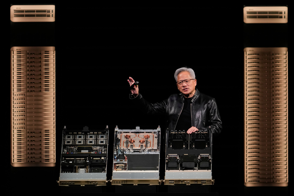 Nvidia CEO Jensen Huang speaks during an Nvidia conference focusing on artificial intelligence in San Jose, Calif., Monday, March 16, 2026. (AP Photo/Godofredo A. Vásquez)