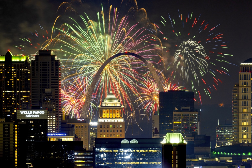 Fireworks light up the St. Louis skyline and the Gateway Arch on Thursday, July 3, 2025, in St. Louis. (David Carson/St. Louis Post-Dispatch via AP)