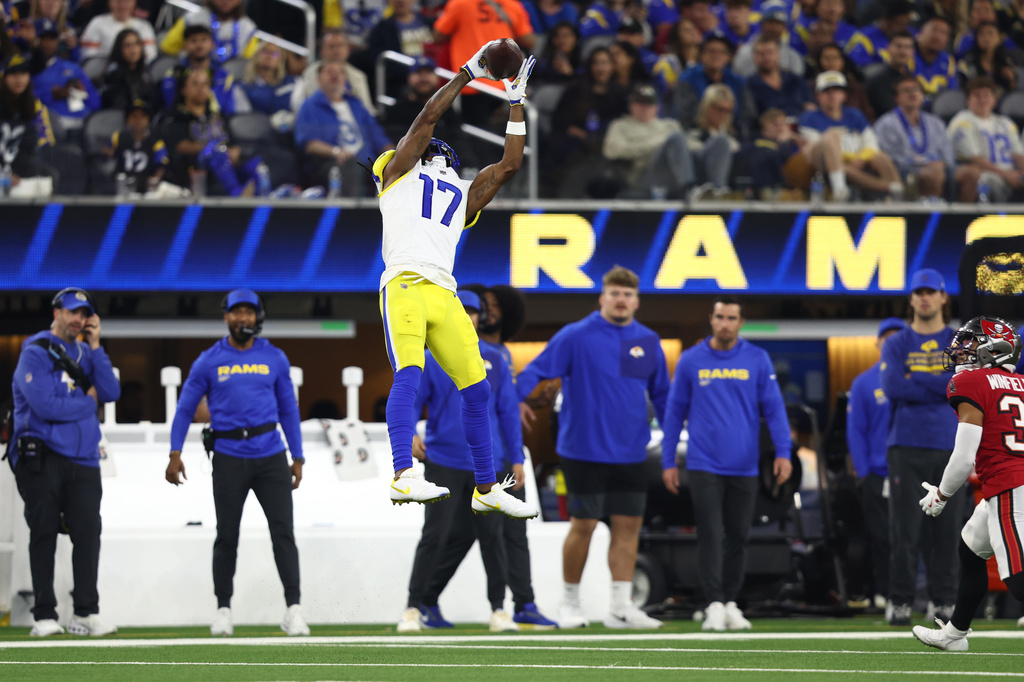 Los Angeles Rams wide receiver Davante Adams (17) makes a catch against the Tampa Bay Buccaneers during the second half of an NFL football game Sunday, Nov. 23, 2025, in Inglewood, Calif. (AP Photo/Jessie Alcheh)