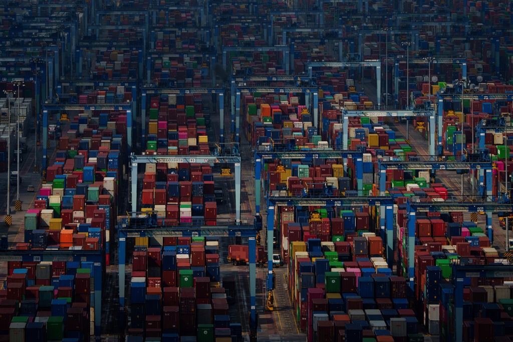 FILE - Shipping containers are stacked at Westport in Klang on the outskirts of Kuala Lumpur, Malaysia, April 18, 2025. (AP Photo/Vincent Thian, File)