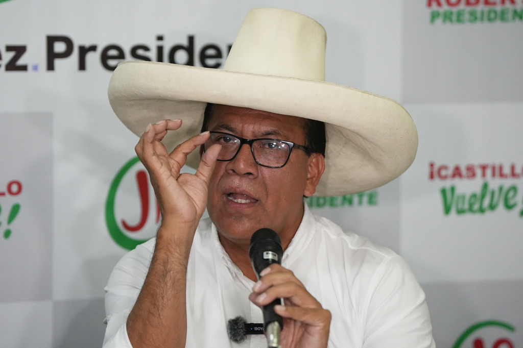 Roberto Sanchez, presidential candidate of Together for Peru party, speaks during a press conference in Lima, Peru, Saturday, April 18, 2026. (AP Photo/Guadalupe Pardo)