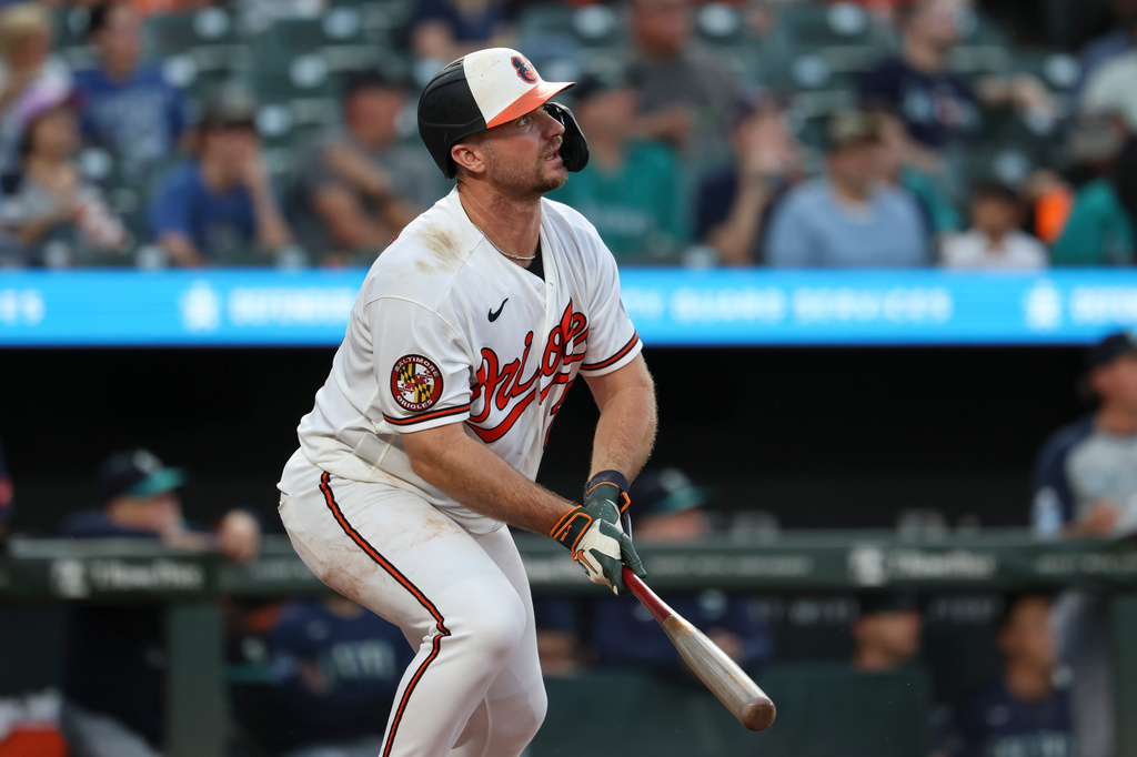 Baltimore Orioles' Pete Alonso watches his home run hit off Seattle Mariners pitcher George Kirby during the sixth inning of a baseball game, Wednesday, June 10, 2026, in Baltimore. (AP Photo/Terrance Williams)