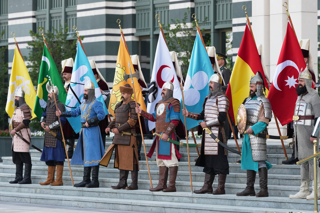 Members of the Historical Honor Guard stand before the welcoming ceremony for President Donald Trump at the Bestepe Presidential Palace during the NATO summit in Ankara, Turkey, Tuesday, July 7, 2026.(AP Photo/Alex Brandon)