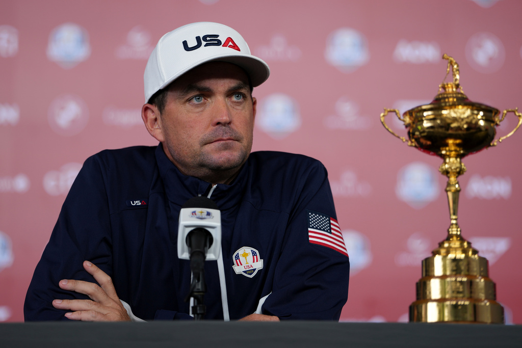United States captain Keegan Bradley speaks during a news conference at the Ryder Cup golf tournament, Thursday, Sept. 25, 2025, on the Bethpage Black golf course, in Farmingdale, N.Y. (AP Photo/Matt Slocum)