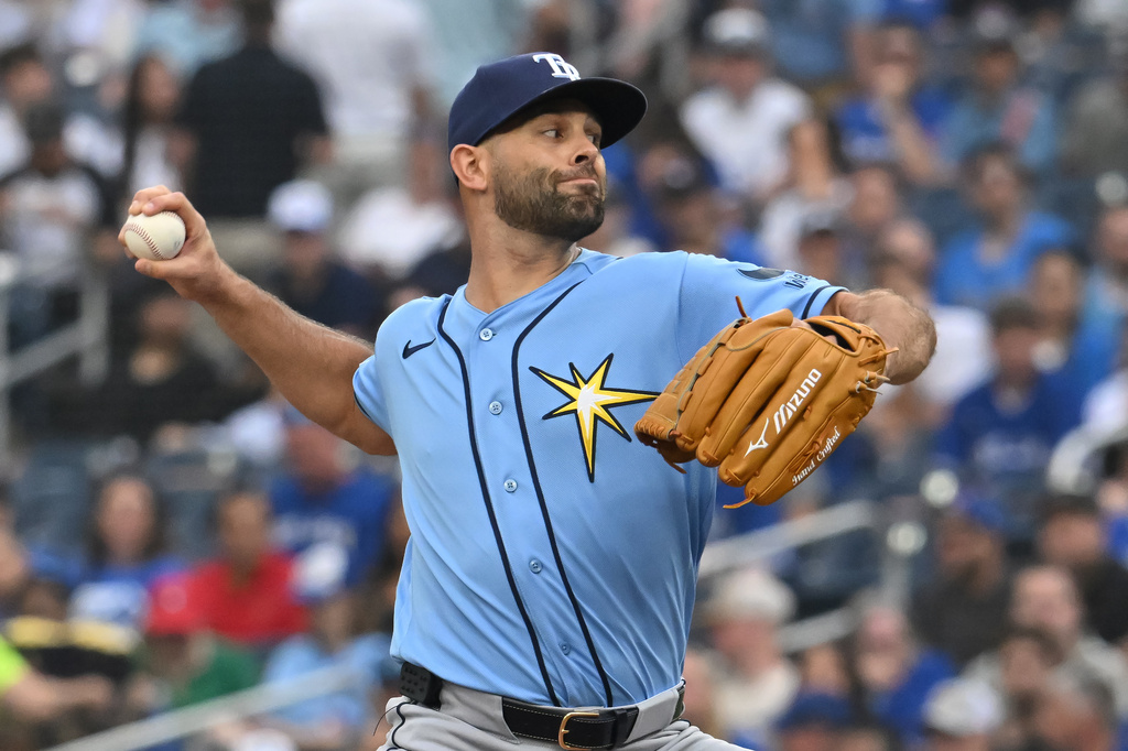 Tampa Bay Rays starting pitcher Nick Martinez throws to a Toronto Blue Jays batter during the first inning of a baseball game in Toronto, Monday, July 20, 2026. (Jon Blacker/The Canadian Press via AP)