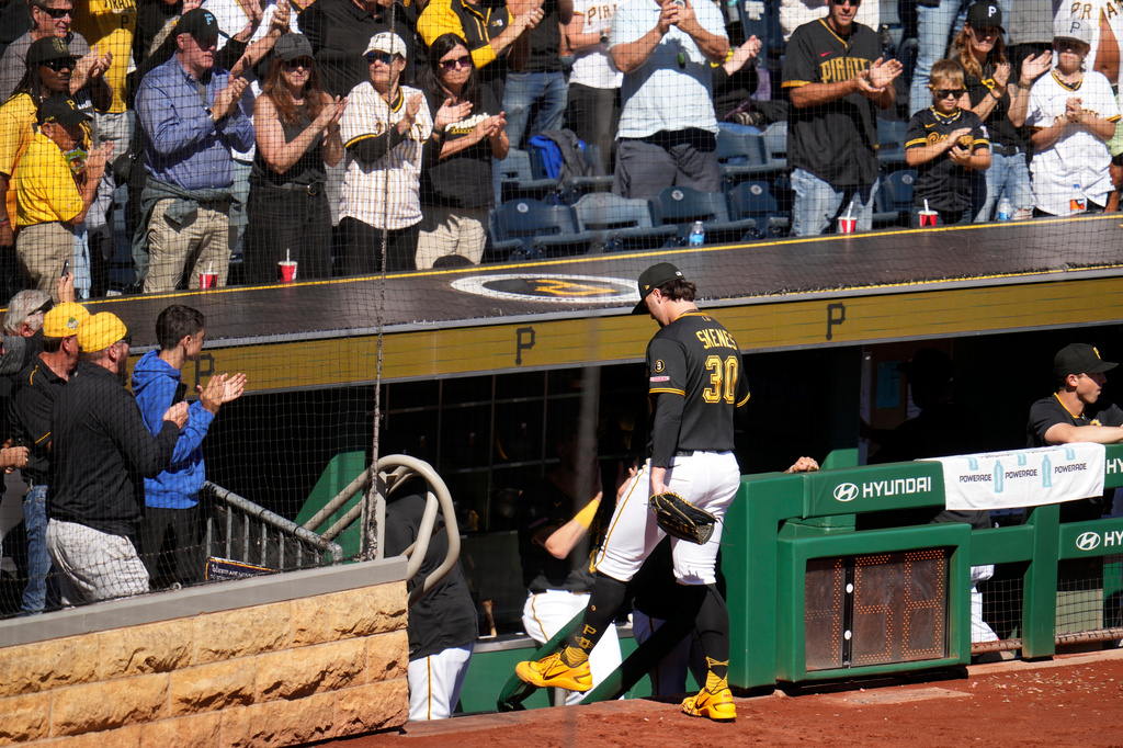 Pittsburgh Pirates pitcher Paul Skenes (30) walks to the dugout after being removed from the game by manager Don Kelly during the seventh inning of a baseball game against the St. Louis Cardinals in Pittsburgh, Thursday, Sept. 24, 2026. (AP Photo/Gene J. Puskar)