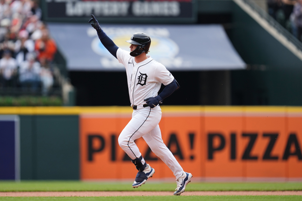 Detroit Tigers catcher Dillon Dingler celebrates his three-run home run against the Miami Marlins during the first inning of a baseball game Sunday, April 12, 2026, in Detroit. (AP Photo/Paul Sancya)