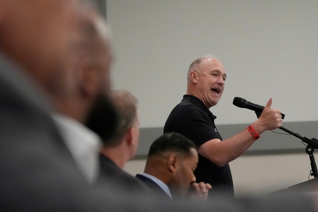 Texas Tech football coach Joey McGuire speaks during The Houston Touchdown Club luncheon, Wednesday, June 10, 2026, in Houston. (AP Photo/David J. Phillip)