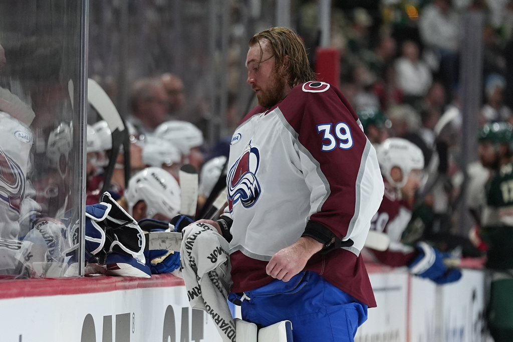 Colorado Avalanche goaltender MacKenzie Blackwood (39) waits for play to resume during the third period of Game 3 of an NHL Stanley Cup hockey second-round playoff series against the Minnesota Wild, Saturday, May 9, 2026, in St. Paul, Minn. (AP Photo/Abbie Parr)