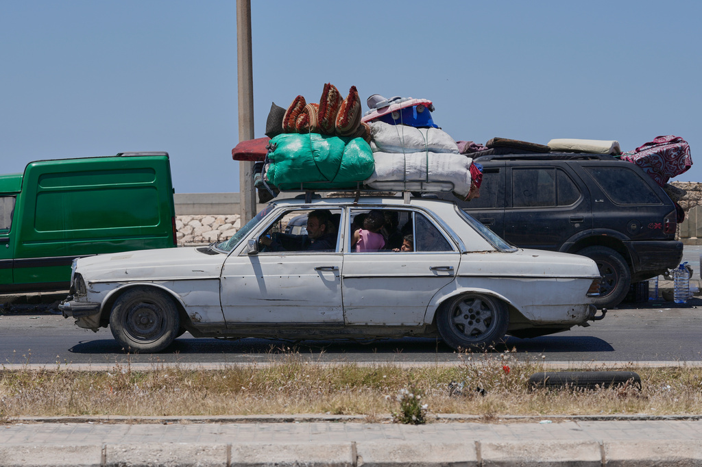 FILE - A Lebanese displaced family who fled their village in south Lebanon, arrive in the southern port city of Sidon, Lebanon, Wednesday, June 10, 2026. (AP Photo/Mohammed Zaatari, File)