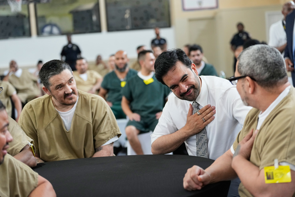 New York City Mayor Zohran Mamdani speaks with inmates on Rikers Island as they watch the World Cup semifinal soccer match between England and Argentina on Wednesday, July 15, 2026, in New York. (AP Photo/Seth Wenig)
