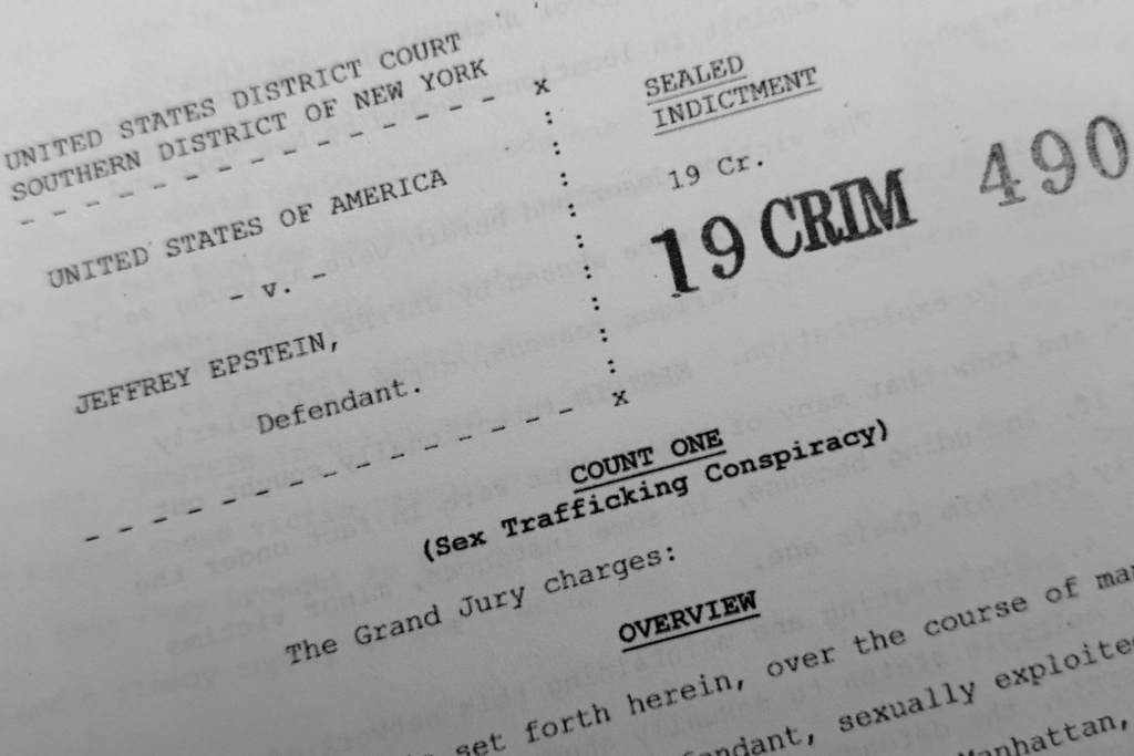 A document that was included in the U.S. Department of Justice release of the Jeffrey Epstein files, photographed Tuesday, Feb. 3, 2026, shows the sealed grand jury indictment from 2019. (AP Photo/Jon Elswick)