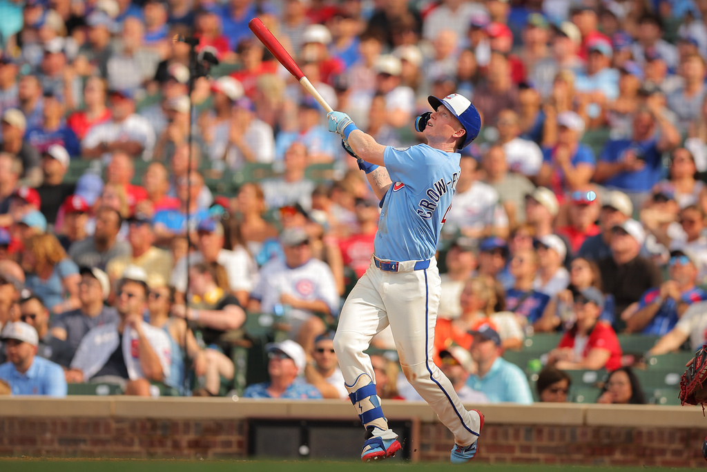 Chicago Cubs' Pete Crow-Armstrong flies out during the fifth inning of a baseball game against the St. Louis Cardinals, Friday, July 3, 2026, in Chicago. (AP Photo/Melissa Tamez)