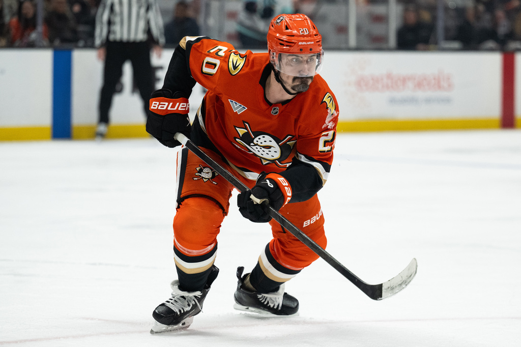 FILE - Anaheim Ducks left wing Chris Kreider skates during an NHL hockey game against the Seattle Kraken, Feb. 3, 2026, in Anaheim, Calif. (AP Photo/Kyusung Gong, File)
