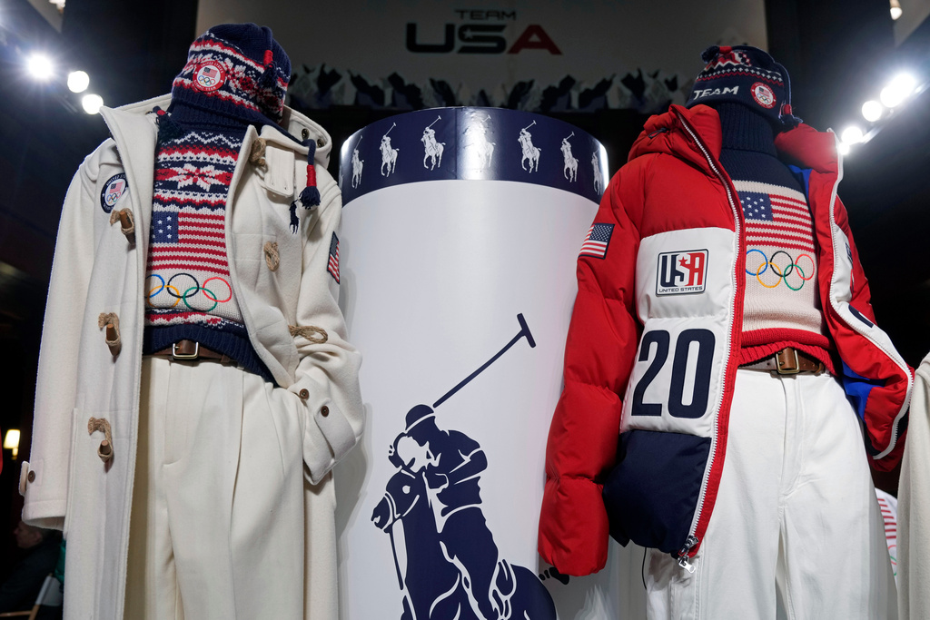 Ralph Lauren's Team USA opening and closing ceremony uniforms for the 2026 Milan Cortina Winter Olympics are displayed at Ralph Lauren headquarters, Wednesday, Dec. 3, 2025, in New York. (Photo by Charles Sykes/Invision/AP)