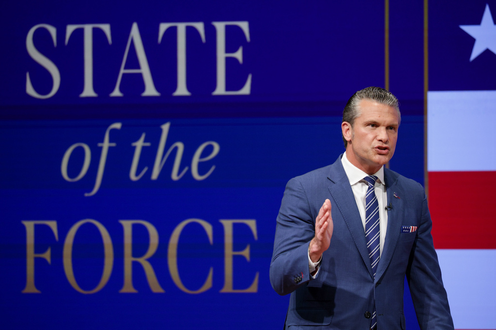 Secretary of Defense Pete Hegseth gives a State of the Force address at Marine Corps Base Quantico, Wednesday, Sept. 30, 2026 in Quantico, Va. (Alex Wong/Pool Photo via AP)
