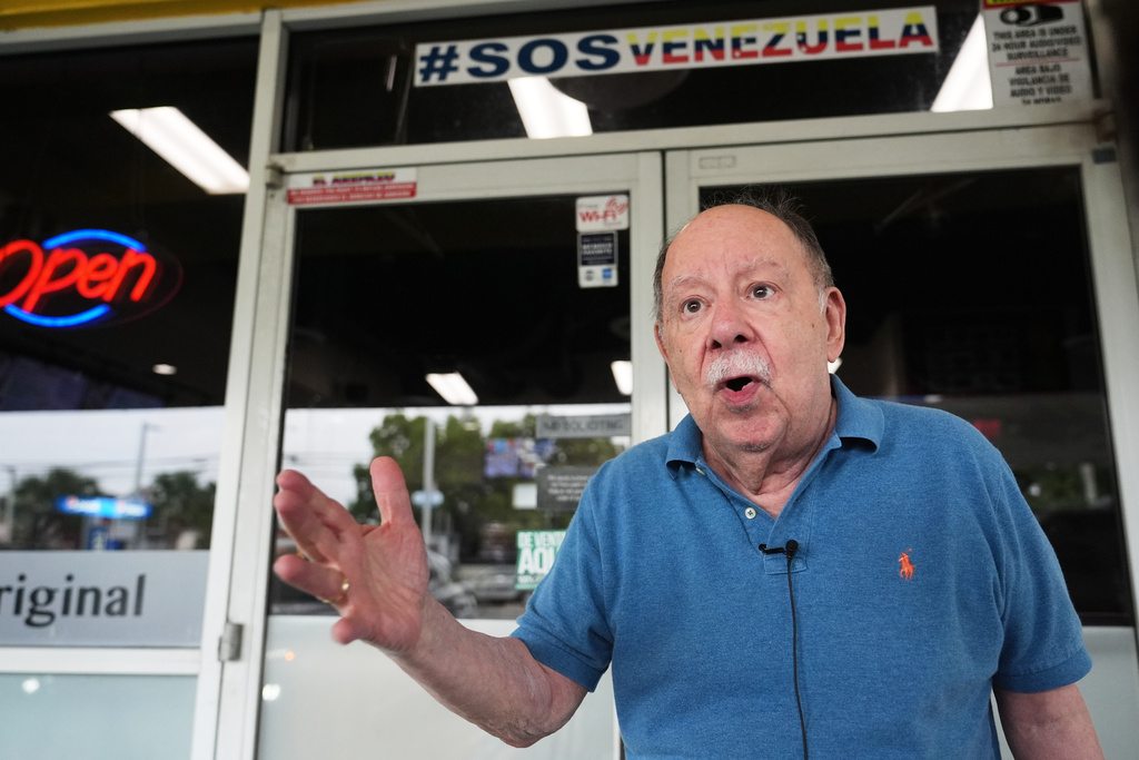 Leonardo Wilthew speaks in support of Venezuelan opposition leader Maria Corina Machado winning the Nobel Peace Prize, Friday, Oct. 10, 2025, in Doral, Fla. (AP Photo/Lynne Sladky)