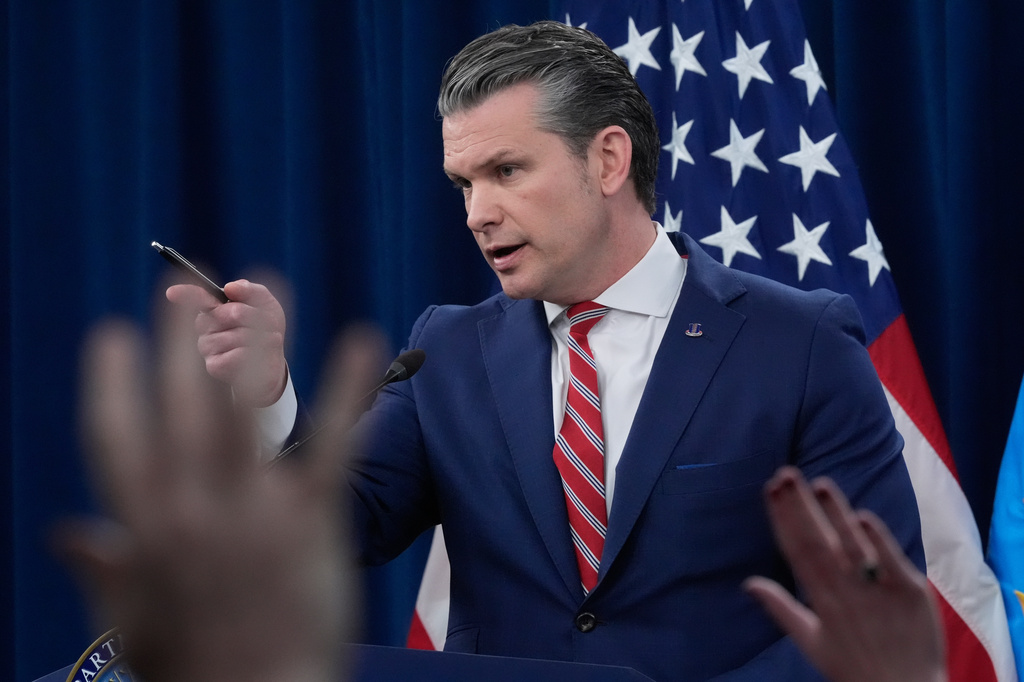 Defense Secretary Pete Hegseth speaks to members of the media during a press briefing at the Pentagon in Washington, Tuesday, May 5, 2026. (AP Photo/Manuel Balce Ceneta)