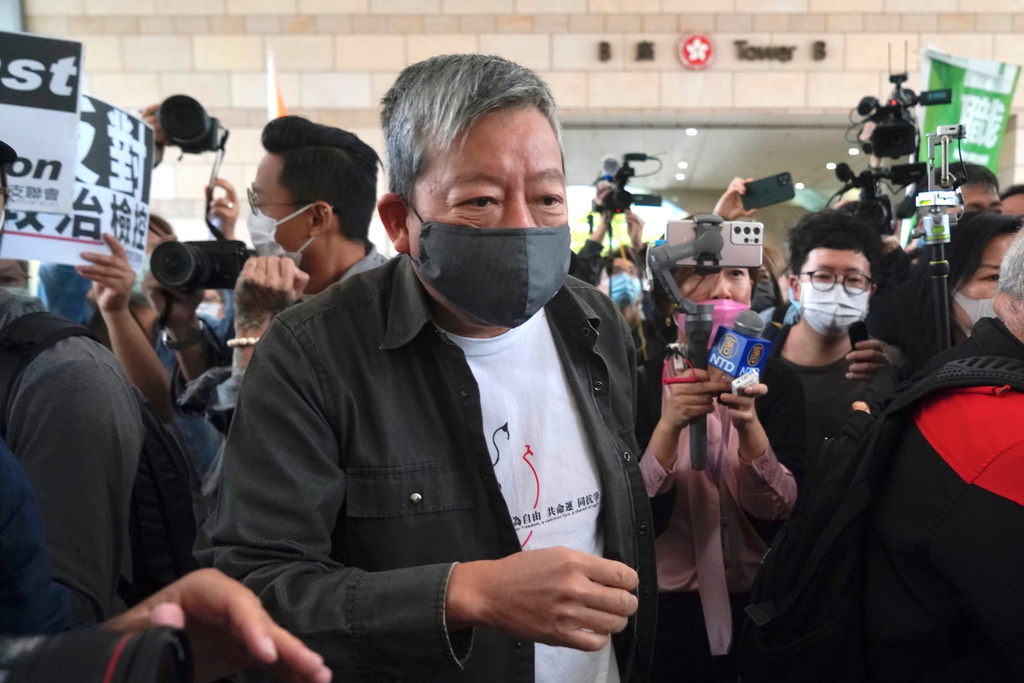 FILE - Pro-democracy activist Lee Cheuk-yan, center, arrives at a court in Hong Kong, April 16, 2021. (AP Photo/Kin Cheung, File)