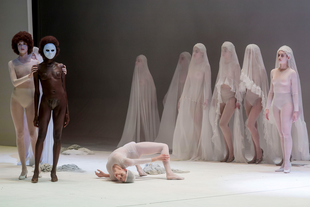 EDS NOTE: NUDITY - Actors perform during the general rehearsal of Ennio Morricone's only opera, Partenope, at the San Carlo Theatre, in Naples, Italy, Thursday, Dec. 11, 2025. (AP Photo/Salvatore Laporta)