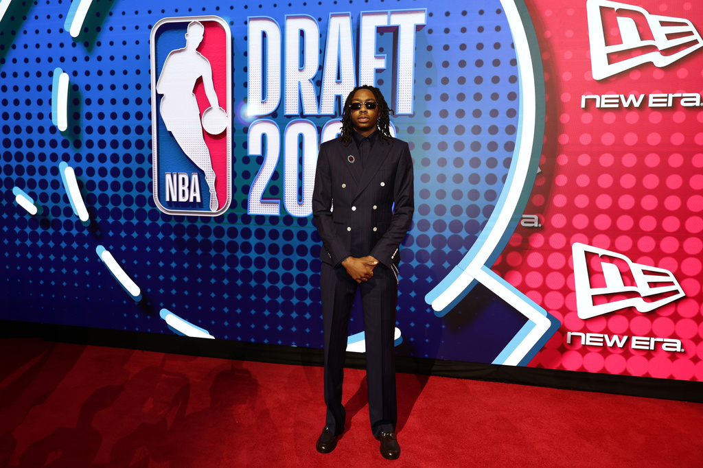 Isaiah Evans arrives for the first round of the NBA basketball draft Tuesday, June 23, 2026, in New York. (AP Photo/Adam Hunger)