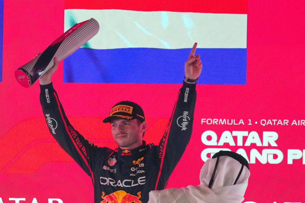 Red Bull driver Max Verstappen of the Netherlands celebrates after winning the Qatar Formula One Grand Prix, in Lusail, Qatar, Sunday, Nov. 30, 2025.(AP Photo/Altaf Qadri)