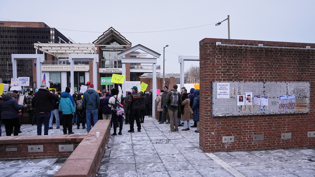 Demonstrators gather to protest removal of explanatory panels that were part of an exhibit on slavery at the President's House Site in Philadelphia, Tuesday, Feb. 10, 2026. (AP Photo/Matt Rourke)