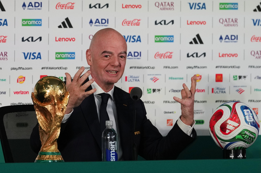 FIFA President Gianni Infantino speaks during a news conference at the stadium in Mexico City, Wednesday, June 10, 2026, a day before the opening FIFA World Cup match between Mexico and South Africa. (AP Photo/Eduardo Verdugo)