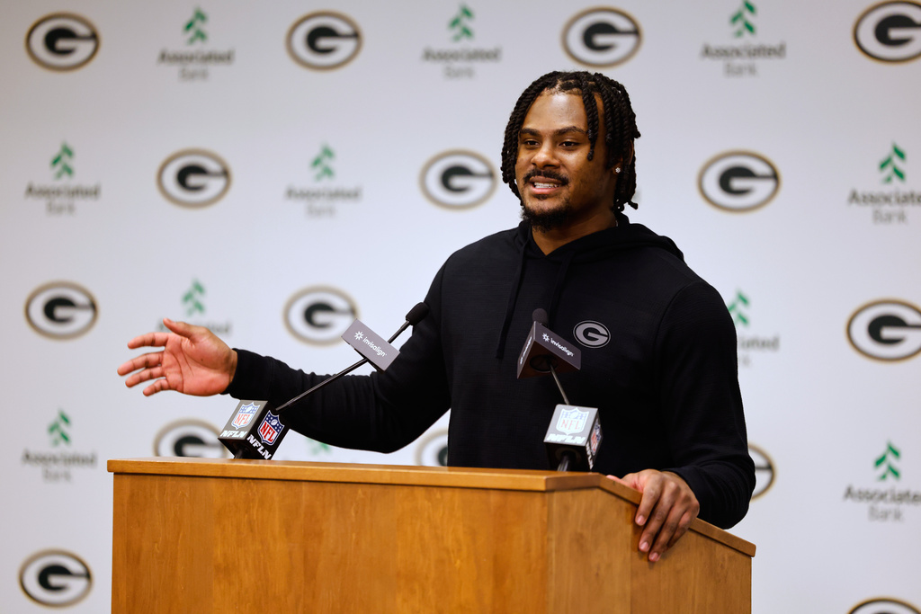 FILE - Green Bay Packers quarterback Malik Willis speaks during a press conference after an NFL football game against the Baltimore Ravens, Dec. 27, 2025, in Green Bay, Wis. (AP Photo/Mike Roemer, File)