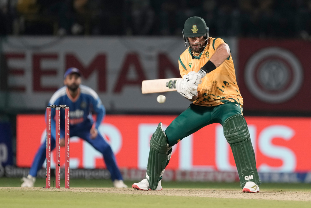 South Africa's captain Aiden Markram plays a shot during the third T20 cricket match between India and South Africa in Dharamshala, India, Sunday, Dec. 14, 2025. (AP Photo/Ashwini Bhatia)