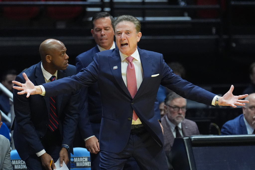 St. John's head coach Rick Pitino reacts during the second half of a game between Kansas and St. John's in the second round of the NCAA college basketball tournament Sunday, March 22, 2026, in San Diego. (AP Photo/Marcio Jose Sanchez)