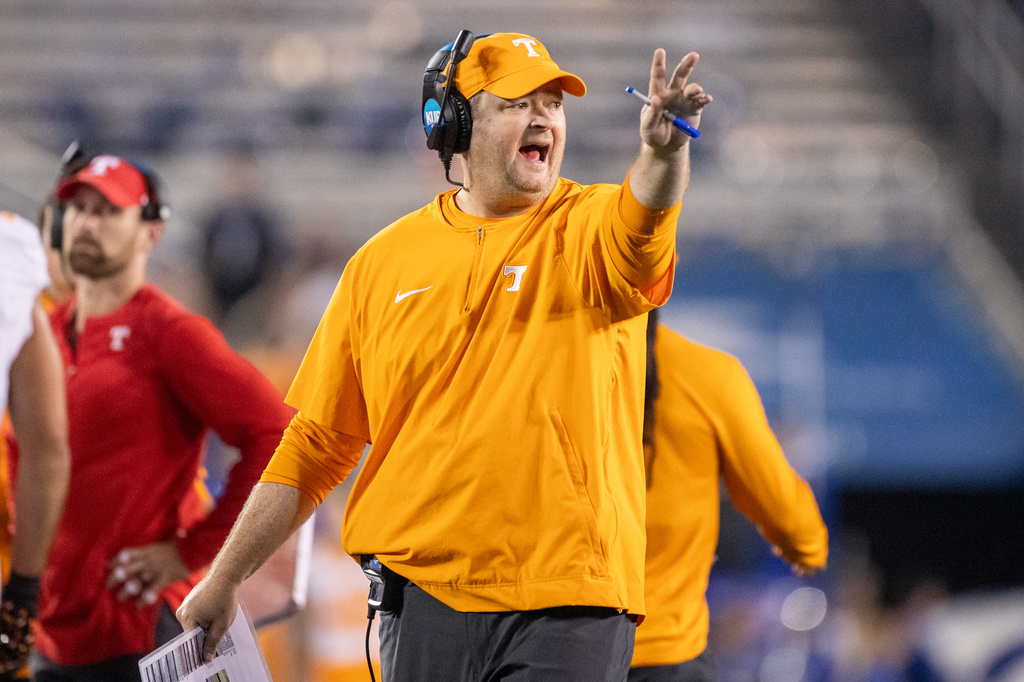 FILE - Tennessee head coach Josh Heupel yells from the sideline during the first half of an NCAA college football game against Kentucky in Lexington, Ky., Oct. 28, 2023. (AP Photo/Michelle Haas Hutchins, File)