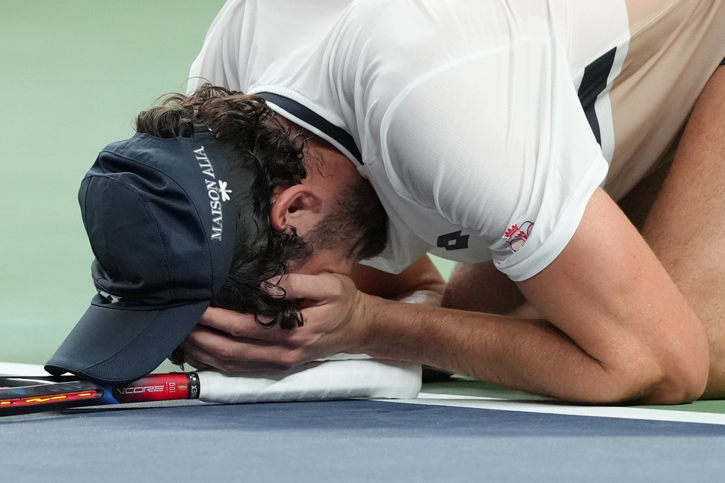 Valentin Vacherot of Monaco reacts after defeating Holger Rune of Denmark in their men's singles quarterfinals match of the Shanghai Masters tennis tournament at Qizhong Forest Sports City Tennis Center, in Shanghai, China, Thursday, Oct. 9, 2025. (AP Photo/Andy Wong)
