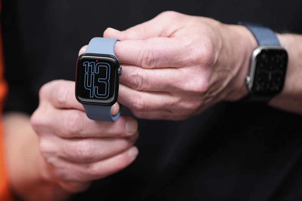An Apple Watch is displayed during an announcement of new products at Apple Park on Tuesday, Sept. 9, 2025, in Cupertino, Calif. (AP Photo/Godofredo A. Vásquez)
