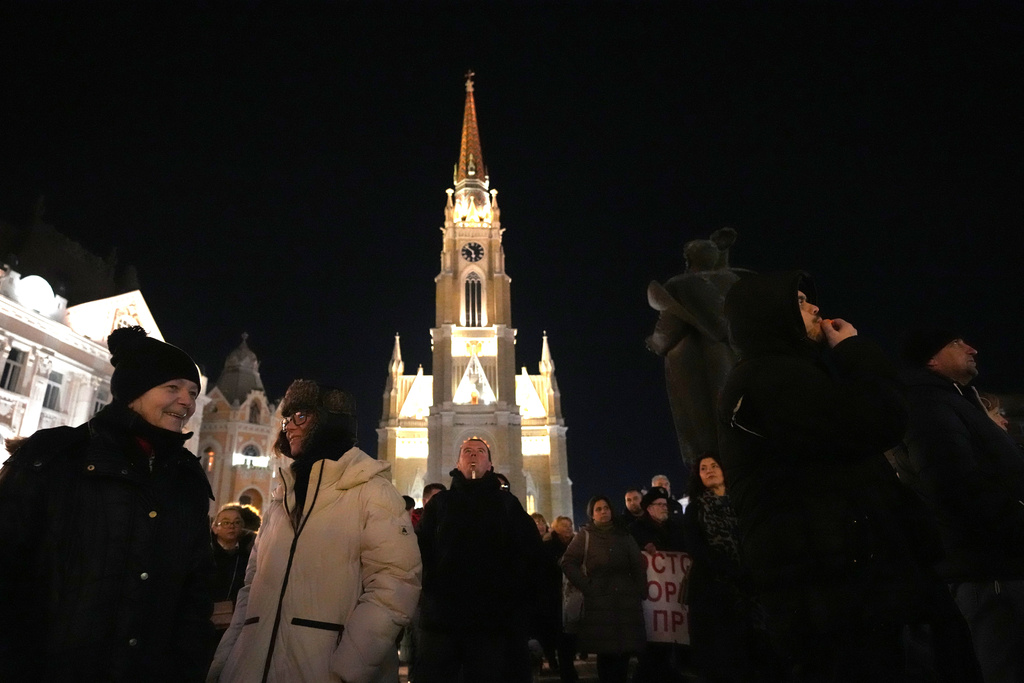 People attend a protest led by university students against corruption, in Novi Sad, Serbia, Saturday, Jan. 17, 2026. (AP Photo/Darko Vojinovic)