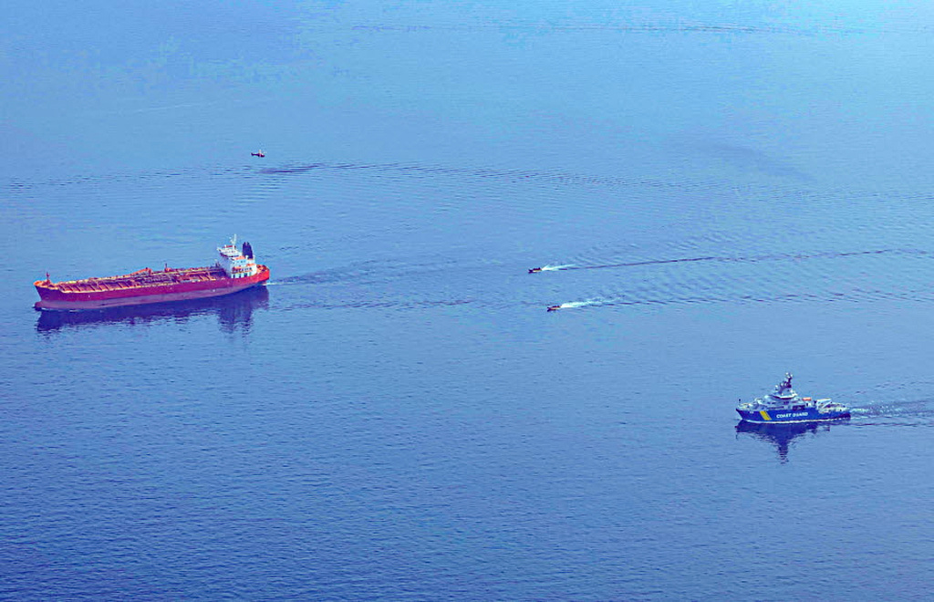 The Swedish Coast Guard, together with Swedish Police, boards the Jin Hui, a tanker sailing under a suspected false flag in the Baltic Sea, Sunday, May 3, 2026. (Swedish Coast Guard via AP)