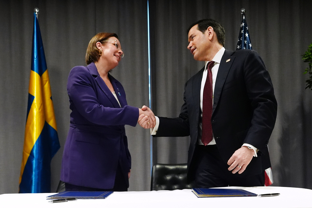 United States Secretary of State Marco Rubio, right, and Sweden's Foreign Minister Maria Malmer Stenergard shake hands during a signing ceremony on the sidelines of a meeting of NATO foreign ministers in Helsingborg, Sweden, Friday, May 22, 2026. (AP Photo/Julia Demaree Nikhinson, Pool)