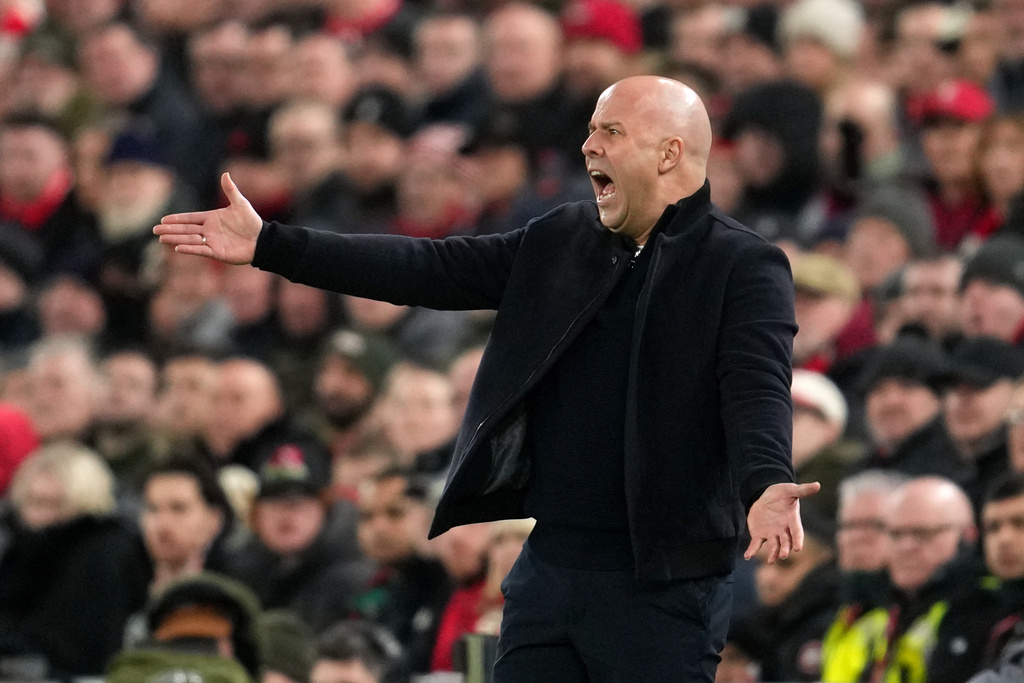 Liverpool's manager Arne Slot gestures during the English Premier League soccer match between Liverpool and Newcastle in Liverpool, England, Saturday, Jan. 31, 2026.(AP Photo/Jon Super)