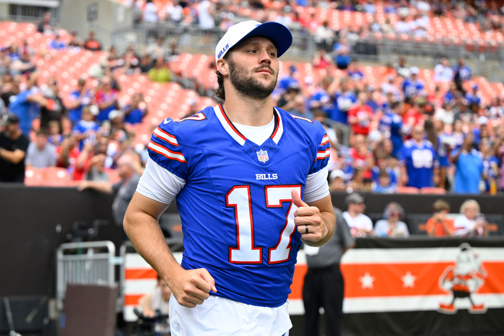 Buffalo Bills quarterback Josh Allen enters the field before a preseason NFL football game against the Cleveland Browns, Saturday, Aug. 22, 2026, in Cleveland. (AP Photo/David Richard)