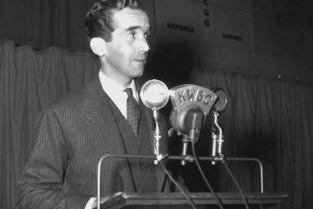 FILE--Edward R. Murrow, a CBS correspondent who made his name from the front lines of World War II and from confronting Sen. Joseph McCarthy during the 1950s Red Scare, during a speaking engagement. (AP Photo/Washington State University/The Columbian via AP)