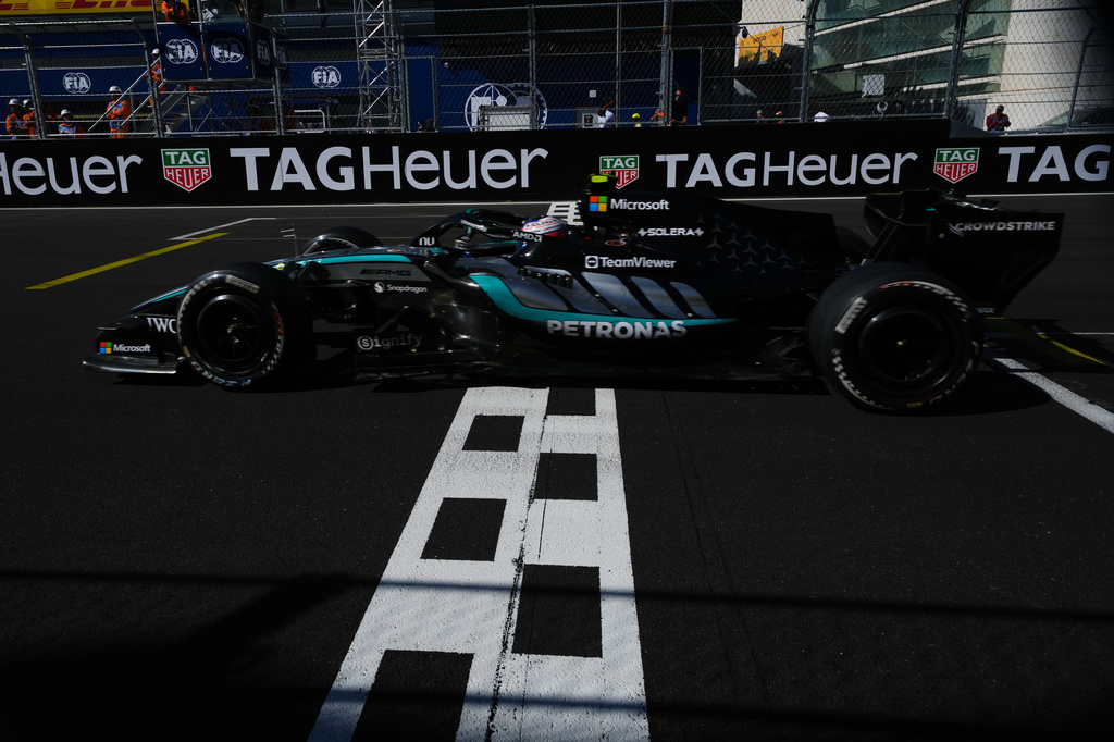 Mercedes driver Andrea Kimi Antonelli of Italy crosses the finish line to win the Spanish Formula One Grand Prix race in Madrid, Sunday, Sept. 13, 2026. (AP Photo/Manu Fernandez)