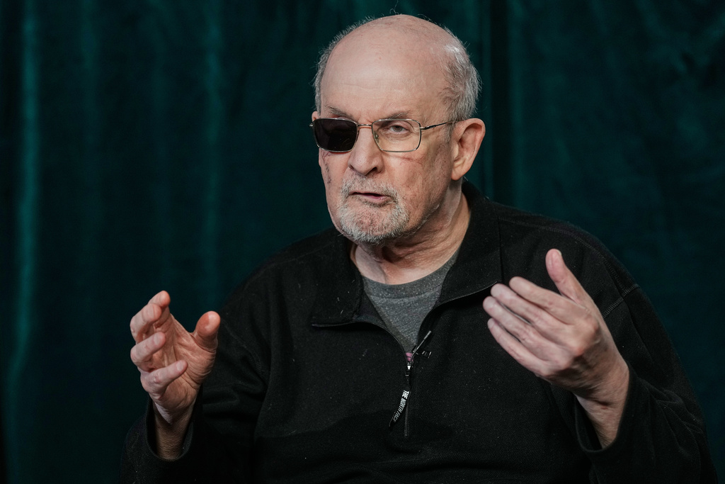Author Salman Rushdie appears during an interview in New York on Wednesday, Oct. 29, 2025. (AP Photo/Richard Drew)