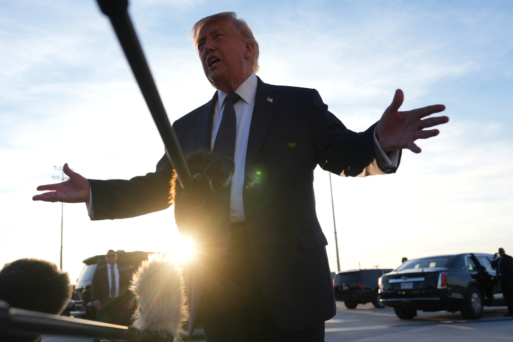President Donald Trump talks to the media after disembarking Air Force One at Paris Orly Airport, Wednesday, June 17, 2026, in Orly, France. (AP Photo/Julia Demaree Nikhinson)