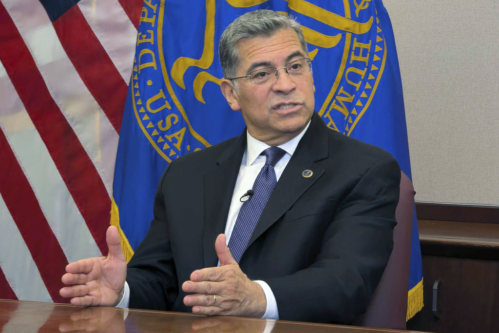 Secretary of the Department of Health and Human Services Xavier Becerra, speaks to The Associated Press, Wednesday, Jan. 8, 2024 in Washington. (AP Photo/Nathan Ellgren)