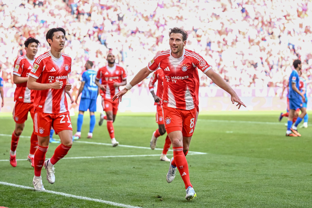 Bayern's Leon Goretzka celebrates scoring their side's second goal of the game during a German Bundesliga soccer match between Bayern Munich and 1. FC Heidenheim in Munich, Germany, Saturday, May 2, 2026. (Harry Langer/dpa via AP)