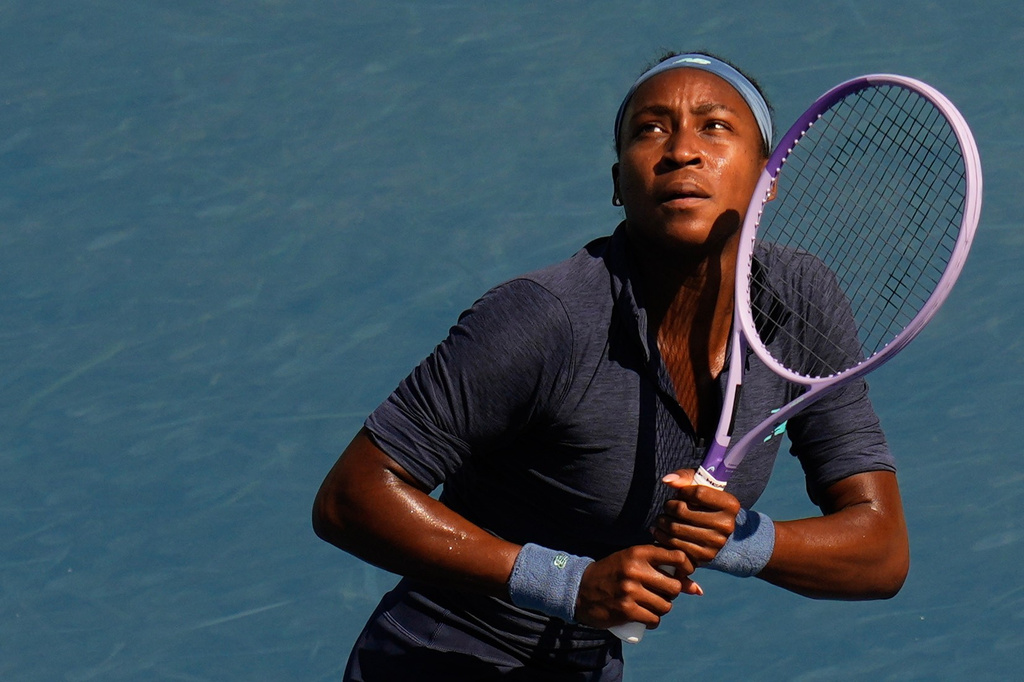 United States' Coco Gauff eyes a return ball to compatriot Kayla Day during a National Bank Open tennis game in Toronto on Wednesday, Aug. 5, 2026. (Chris Young/The Canadian Press via AP)