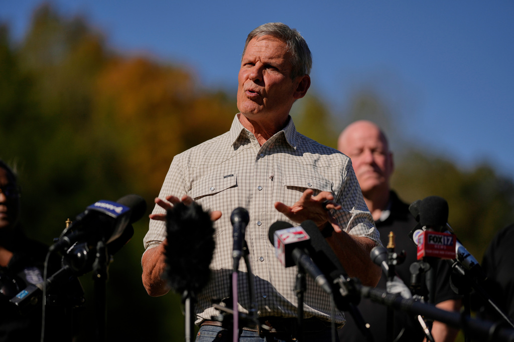 FILE - Gov. Bill Lee speaks about the blast at Accurate Energetic Systems during a news conference, Sunday, Oct. 12, 2025, in McEwen, Tenn. (AP Photo/George Walker IV, file)