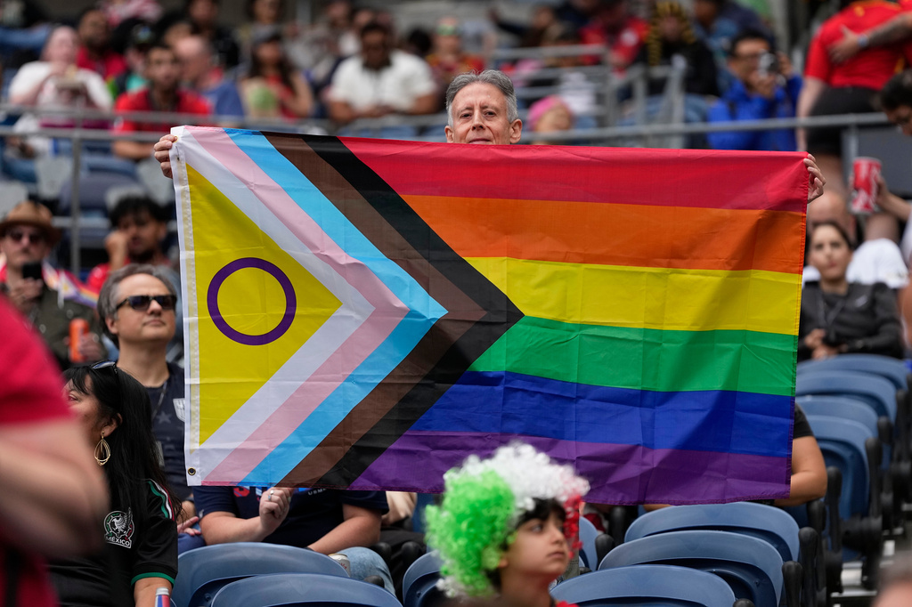 A spectator holds up a flag before the start of the World Cup Group G soccer match between Egypt and Iran in Seattle, Friday, June 26, 2026. (AP Photo//Lindsey Wasson)