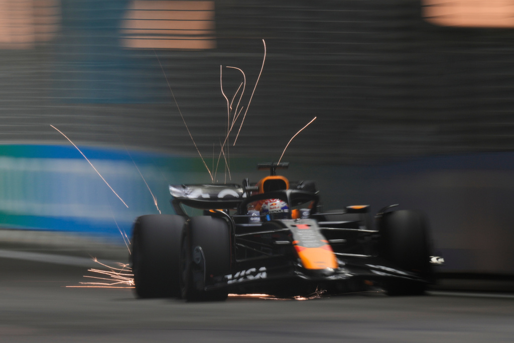 Red Bull driver Max Verstappen of the Netherlands in action during the qualifying for the Singapore Formula One Grand Prix at the Marina Bay Street Circuit in Singapore, Saturday, Oct. 4, 2025. (AP Photo/Vincent Thian)